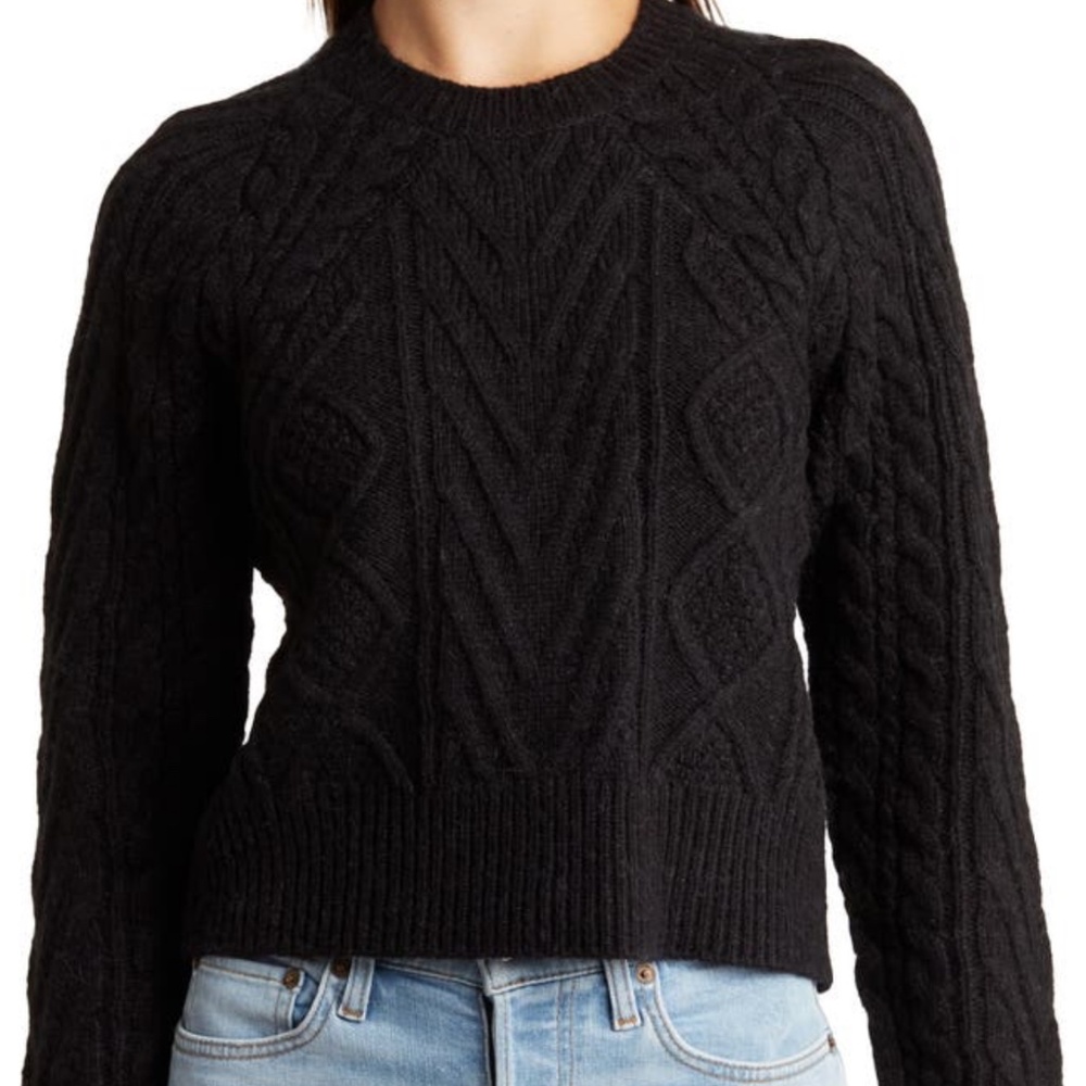 rag & bone Elizabeth Cable Knit Wool & Alpaca Blend Crop Sweater-Black-Large-NWT